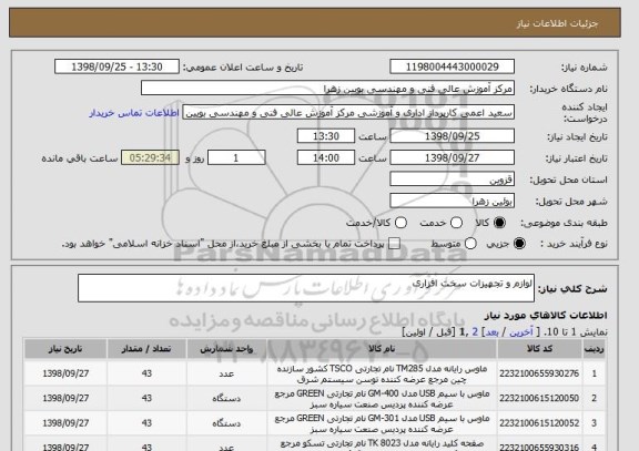 استعلام لوازم و تجهیزات سخت افزاری