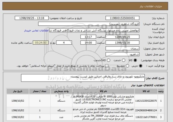 استعلام مایکروویو- تلویزیون و چای ساز والباقی اجناس طبق لیست پیوست