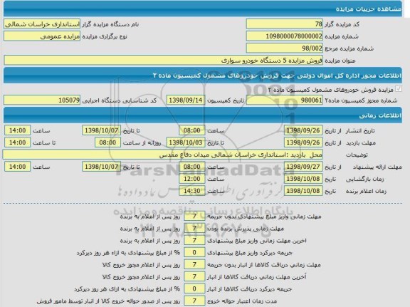 مزایده, مزایده فروش 5 دستگاه خودرو سواری