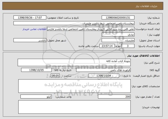 استعلام چوچه کباب آماده کاله 