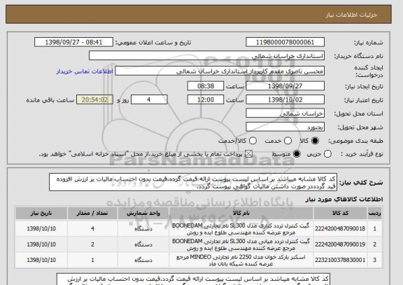 استعلام کد کالا مشابه میباشد بر اساس لیست پیوست ارائه قیمت گردد.قیمت بدون احتساب مالیات بر ارزش افزوده قید گردددر صورت داشتن مالیات گواهی پیوست گردد.