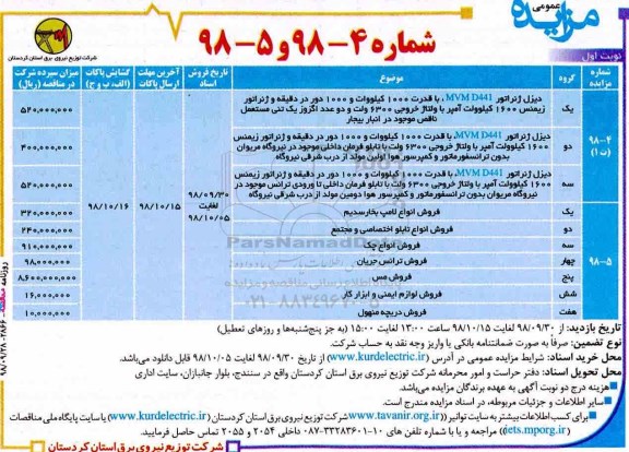 مزایده دیزل ژنراتور 441 MVMDبا قدرت 1000 کیلووات  و ...