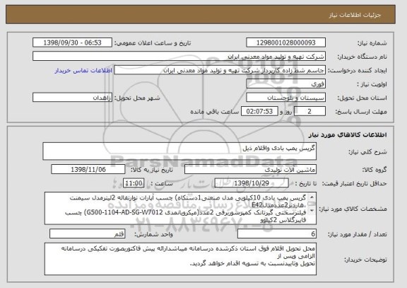 استعلام گریس پمپ بادی واقلام ذیل