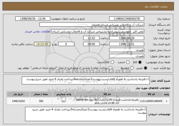 استعلام 1-دفترچه یادداشت به همراه اقلام لیست پیوست2-ایرانکدمشابه3-پرداخت نقدی 4-خرید طبق شرح پیوست