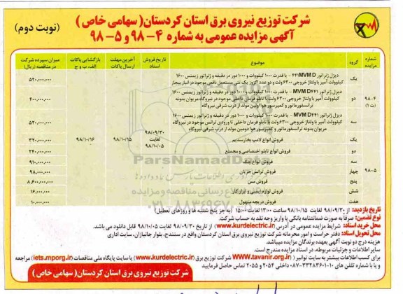 مزایده دیزل ژنراتور 441 MVMDبا قدرت 1000 کیلووات  و ...نوبت دوم 