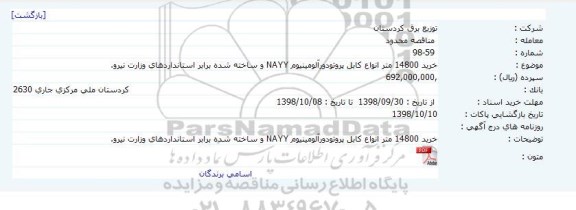 مناقصه خرید 14800 متر انواع کابل پروتودور آلومینیوم