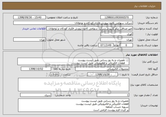 استعلام تعمیرات و به روز رسانی طبق لیست پیوست
قطعات الکتریکی و الکترونیکی طبق لیست پیوست
تسویه حساب 2ماهه
پر کردن فرم پیوست الزامی است