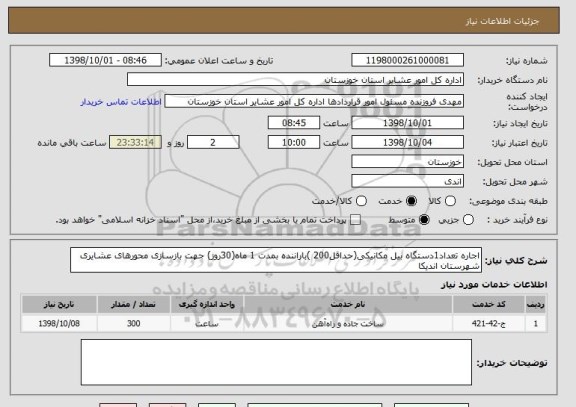 استعلام اجاره تعداد1دستگاه بیل مکانیکی(حداقل200 )باراننده بمدت 1 ماه(30روز) جهت بازسازی محورهای عشایری شهرستان اندیکا 