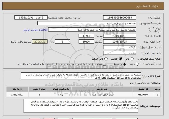 استعلام منطقه دو شهرداری رشت در نظر دارد بابت اجاره ماشین جهت مقابله با بحران طبق جداول پیوستی از بین پیمانکاران واجد شرایط استعلام بعمل آورد.