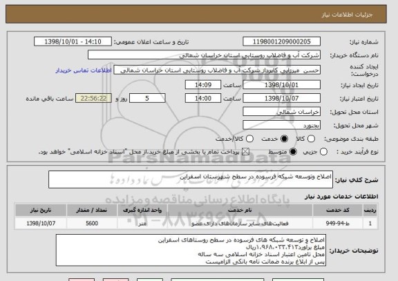 استعلام اصلاح وتوسعه شبکه فرسوده در سطح شهرستان اسفراین