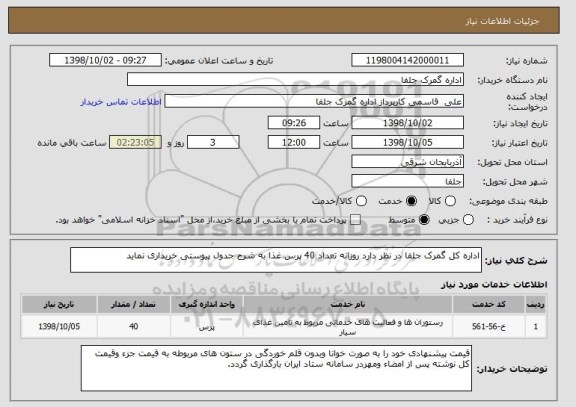 استعلام اداره کل گمرک جلفا در نظر دارد روزانه تعداد 40 پرس غذا به شرح جدول پیوستی خریداری نماید