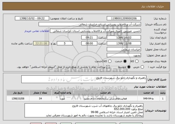 استعلام راهبری و نگهداری تابلو برق شهرستان فاروج 