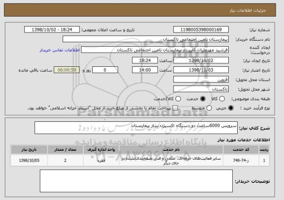 استعلام سرویس 6000ساعت دو دستگاه اکسیژن ساز بیمارستان 