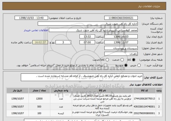 استعلام خرید ادوات و مصالح خطی اداره کل راه آهن جنوبشرق . از ایران کد مشابه استفاده شده است .