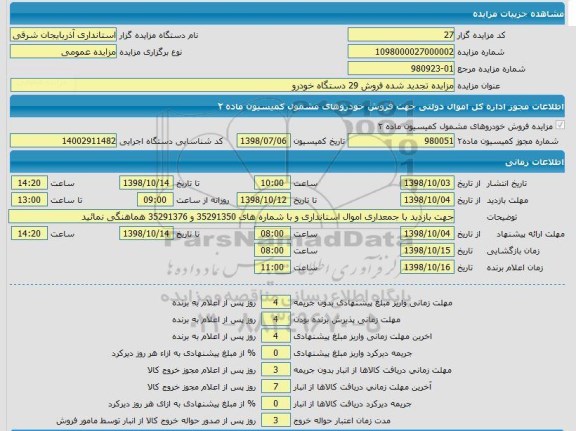 تجدید مزایده, تجدید مزایده فروش 29 دستگاه خودرو