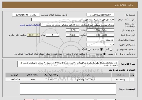 استعلام اجاره تعداد1دستگاه بیل مکانیکی(حداقل200 )باراننده بمدت 2ماه(60روز) جهت بازسازی محورهای عشایری شهرستان ایذه 