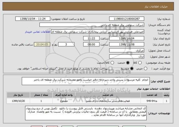 استعلام  انجام  کلیه مرسولات پستی واحد دبیرخانه -دفتر حراست وامور محرمانه شرکت برق منطقه ای باختر 