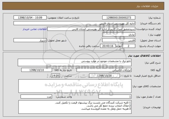 استعلام تابلو برق با مشخصات موجود در موارد پیوستی