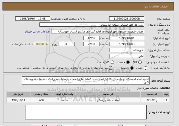 استعلام اجاره تعداد1دستگاه لودر(حداقل90 )باراننده بمدت 2ماه(60روز) جهت بازسازی محورهای عشایری شهرستان لالی 