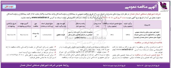 مناقصه عمومی , مناقصه انجام امور حمل و نقل و خدمات عمومی واقع در ساختمانهای اداری و جنبی