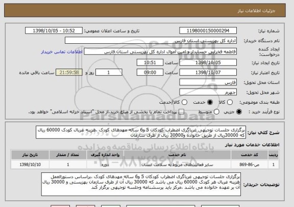 استعلام برگزاری جلسات توجیهی غرباگری اضطراب کودکان 5 و6 ساله مهدهای کودک ،هزینه غربال کودک 60000 ریال که 30000ریال از طریق خانواده و30000 ریال از طرف سازمان 