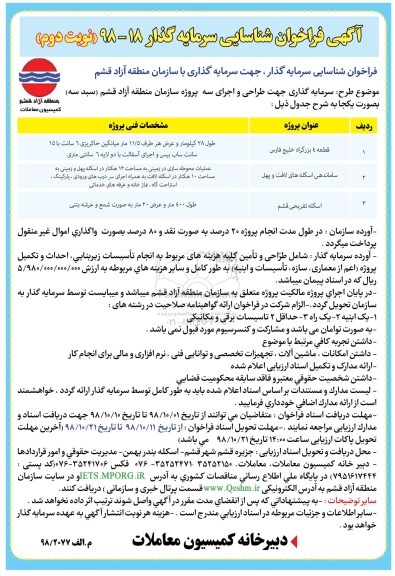 آگهی فراخوان ، فراخوان شناسایی سرمایه گذار جهت سرمایه گذاری نوبت دوم 