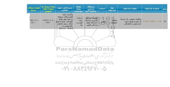 مناقصه عمومی, مناقصه  طبخ و توزیع سلف دانشجویی و فرهنگی