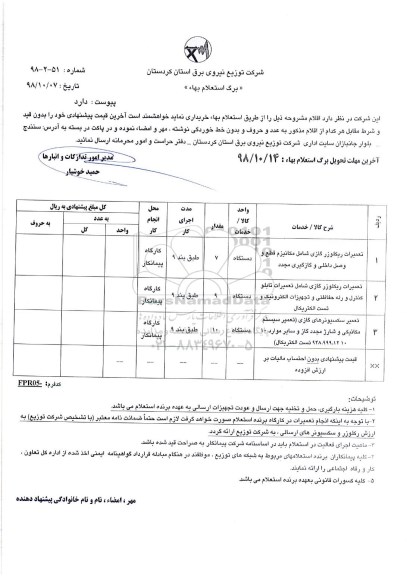 استعلام, استعلام تعمیرات ریکلوزرهای گازی شامل مکانیزم قطع و وصل داخلی و ..