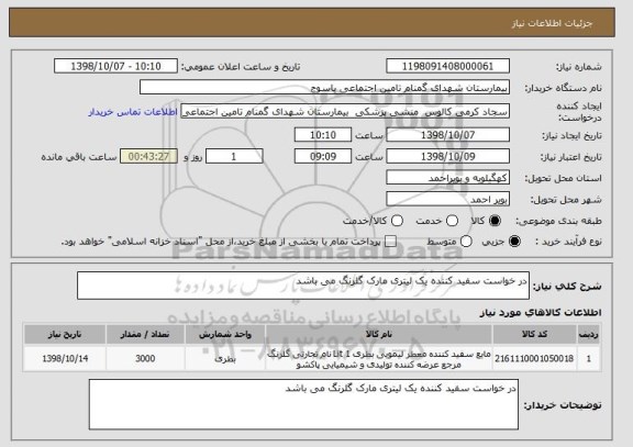 استعلام در خواست سفید کننده یک لیتری مارک گلرنگ می باشد 