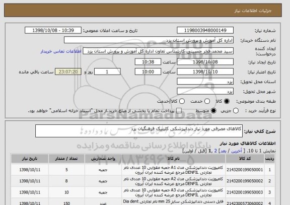 استعلام کالاهای مصرفی مورد نیاز دندانپزشکی کلینیک فرهنگیان یزد