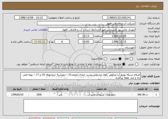 استعلام اصلاح شبکه توزیع آب مناطق  کوی مشعلی پشت خیابان مرمت 3 – درویشیه خیابانهای 16 و 17 – زویه ملی راه و چند نقطه پراکنده