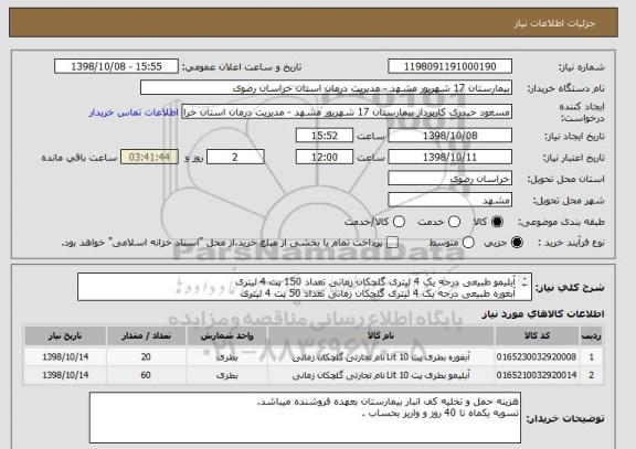 استعلام آبلیمو طبیعی درجه یک 4 لیتری گلچکان زمانی تعداد 150 پت 4 لیتری 
آبغوره طبیعی درجه یک 4 لیتری گلچکان زمانی تعداد 50 پت 4 لیتری 
کد مشابه میباشد .