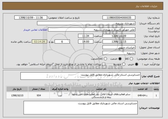 استعلام حسابرسی اسناد مالی شهرداری مطابق فایل پیوست 