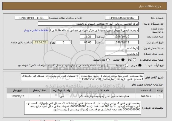 استعلام یمه مسئولین فنی بیمارستان شامل 1- ریئس بیمارستان   2- مسئول فنی آزمایشگاه  3- مسئل فنی رادیولژی  4-مسئول فنی داروخانه (بیمارستان با 200 تخت فعال )