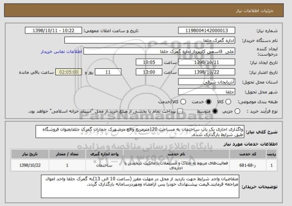 استعلام واگذاری اجاری یک باب ساختمان به مساحت 120مترمربع واقع درشهرک جماران گمرک جلفابعنوان فروشگاه طبق شرایط بارگذاری شده.