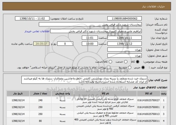 استعلام سبزی خرد شده منجمد با بسته یندی بهداشتی کارتنی -حمل با ماشین یخچالدار- سبزی ها به کیلو میباشد از ایران کد مشابه استفاده شده است-باتاریخ تولیدتازه باشد