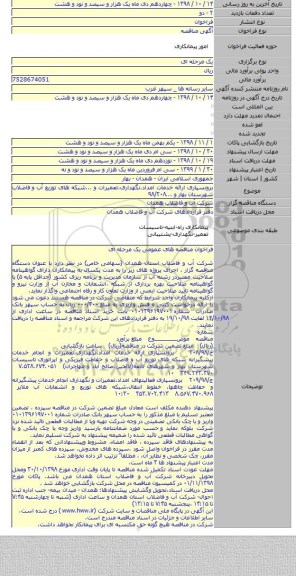 برونسپاری ارائه خدمات امداد،نگهداری،تعمیرات و ...شبکه های توزیع آب و فاضلاب شهرستان بهار و ...۹۸/۲۰۸