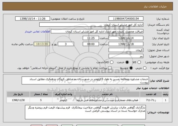 استعلام خدمات مشاوره ومطالعه مسیر به طول 5کیلومتر در شهرستان بم مناطق کزوگان ودهبکری مطابق اسناد پیوست