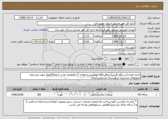 استعلام اجاره تعداد1دستگاه گریدر(حداقل661 کوماتسو یا معادل آن )باراننده بمدت 1ماه(30روز) جهت بازسازی محورهای عشایری شهرستان مسجدسلیمان 