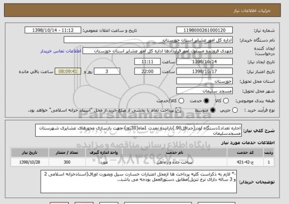 استعلام اجاره تعداد1دستگاه لودر(حداقل90 )باراننده بمدت 1ماه(30روز) جهت بازسازی محورهای عشایری شهرستان مسجدسلیمان 