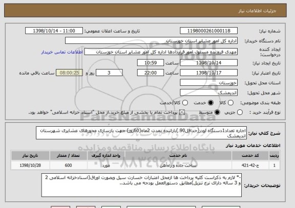 استعلام اجاره تعداد1دستگاه لودر(حداقل90 )باراننده بمدت 2ماه(60روز) جهت بازسازی محورهای عشایری شهرستان اندیمشک 