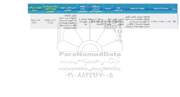 فراخوان مناقصه، فراخوان ارزیابی کیفی تکمیل کارهای باقیمانده سد ذخیره ای گهر و تاسیسات و تجهیزات وابسته 