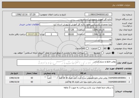 استعلام روغن مایع و سرخ کردنی