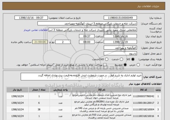 استعلام خرید لوازم اداری به شرح فوق . در صورت شمولیت ارزش افزوده به قیمت پیشنهادی اضافه گردد