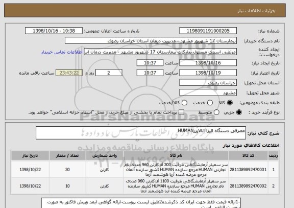 استعلام مصرفی دستگاه الیزا انالایزرHUMAN 