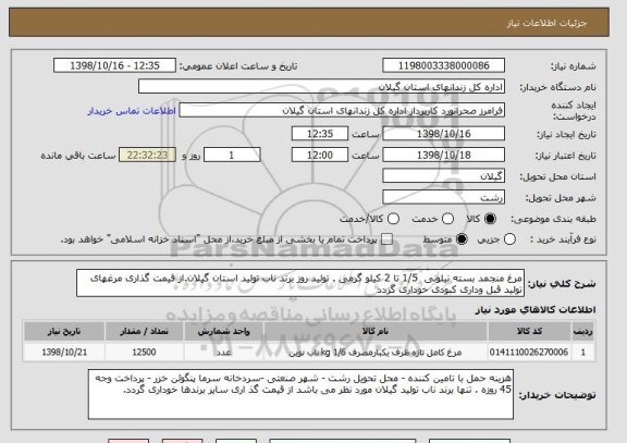 استعلام مرغ منجمد بسته نیلونی  1/5 تا 2 کیلو گرمی . تولید روز برند ناب تولید استان گیلان.از قیمت گذاری مرغهای  تولید قبل وداری کبودی خوداری گردد