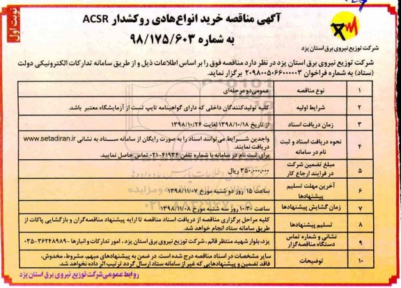 مناقصه , مناقصه خرید انواع هادی روکشدار ACSR