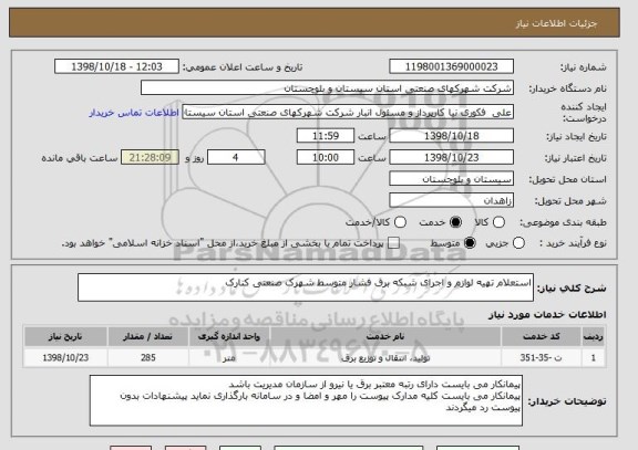 استعلام استعلام تهیه لوازم و اجرای شبکه برق فشار متوسط شهرک صنعتی کنارک