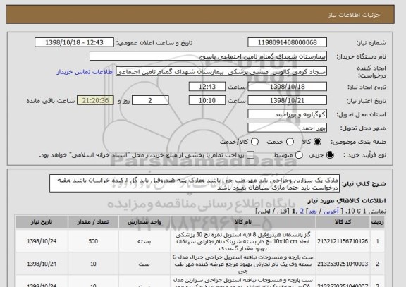 استعلام مارک پک سزارین وجراحی باید مهر طب جی باشد ومارک پنبه هیدروفیل باید گل ارکیده خراسان باشد وبقیه درخواست باید حتما مارک سپاهان بهبود باشد