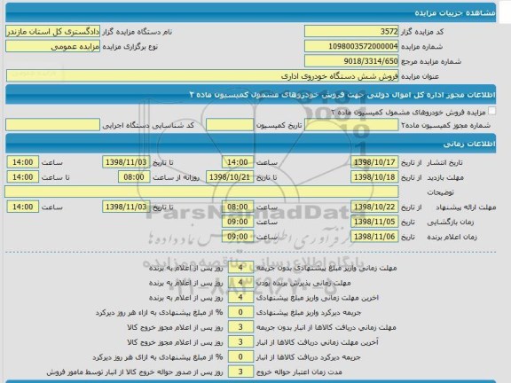 مزایده فروش شش دستگاه خودروی اداری 